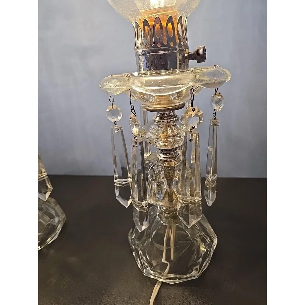 Pair of Etched Glass Boudoir Mantle Crystal Prisms Hurricane Table Lamps